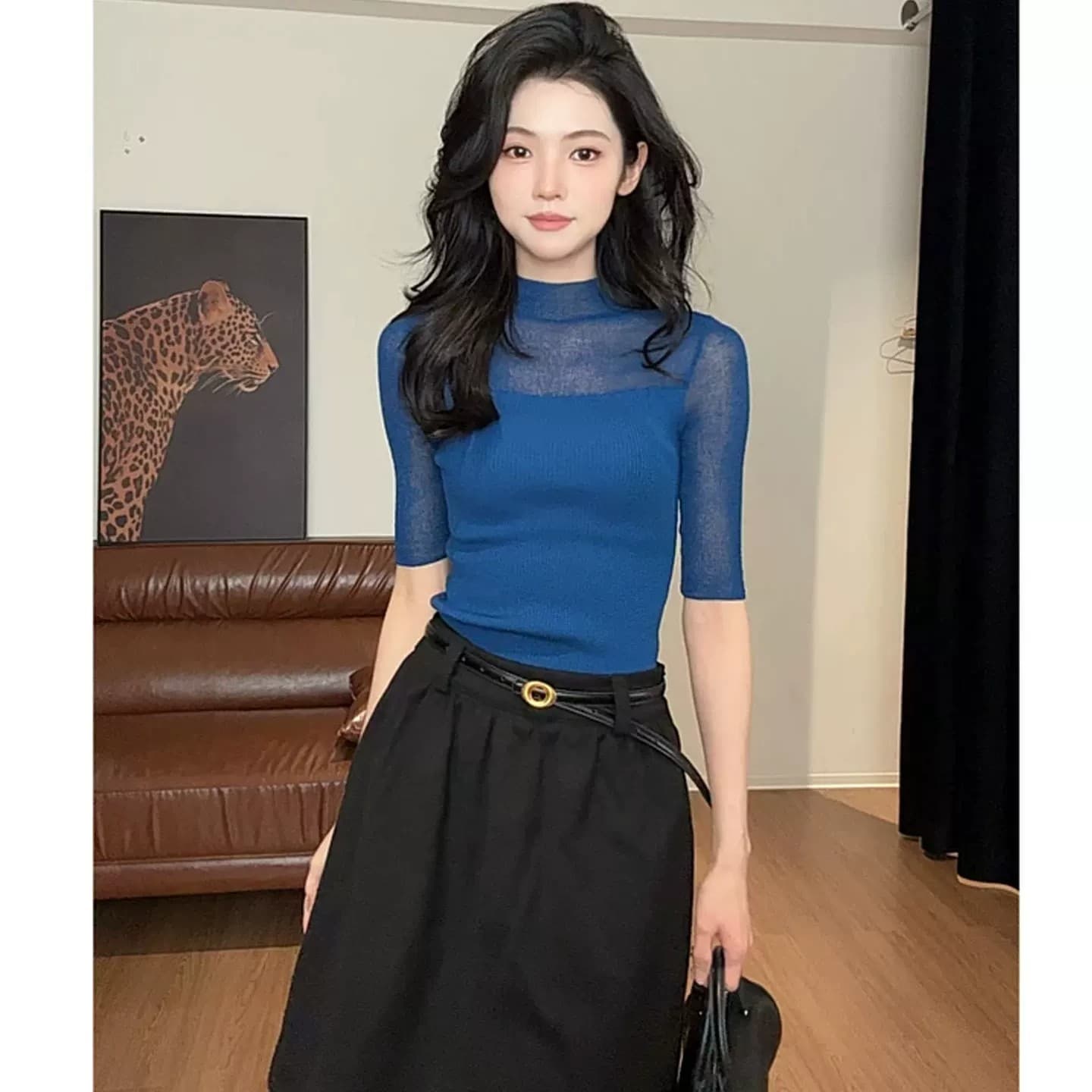 한 부서 파란색 반하이넥 마이크로 ~을 통해 5 점 소매 짠 셔츠 여성 여름 몸매 가꾸기 슬림해 보이는 성숙한 로얄 자매 얇은 스타일 맨위 이미지 2