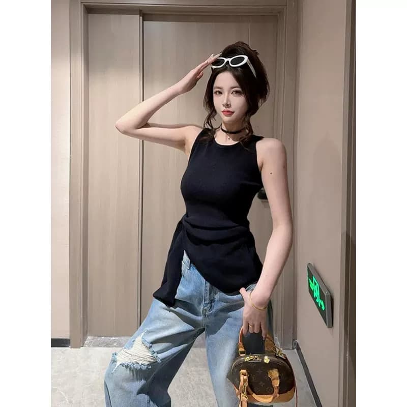 한 부서 검정색 민소매 니트 캐미솔 여름 외출용 불규칙 레이스업 몸매 가꾸기 허리 수축 스트랩 맨위