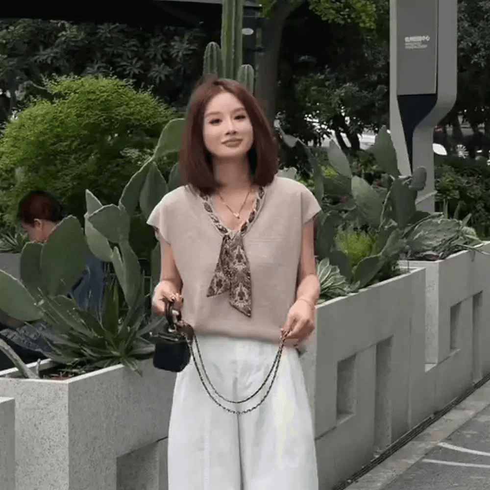 한 부서 착용 가져 가라. V넥 경기 스카프 니트 스웨터 여성 여름 루즈핏 슬림해 보이는 다용도 캐주얼 느긋한 바람 반팔 맨위 이미지 3