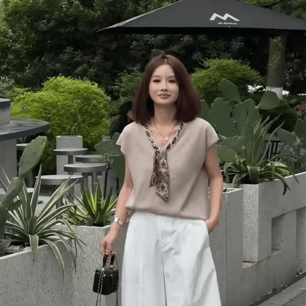 한 부서 착용 가져 가라. V넥 경기 스카프 니트 스웨터 여성 여름 루즈핏 슬림해 보이는 다용도 캐주얼 느긋한 바람 반팔 맨위 상세 이미지 3