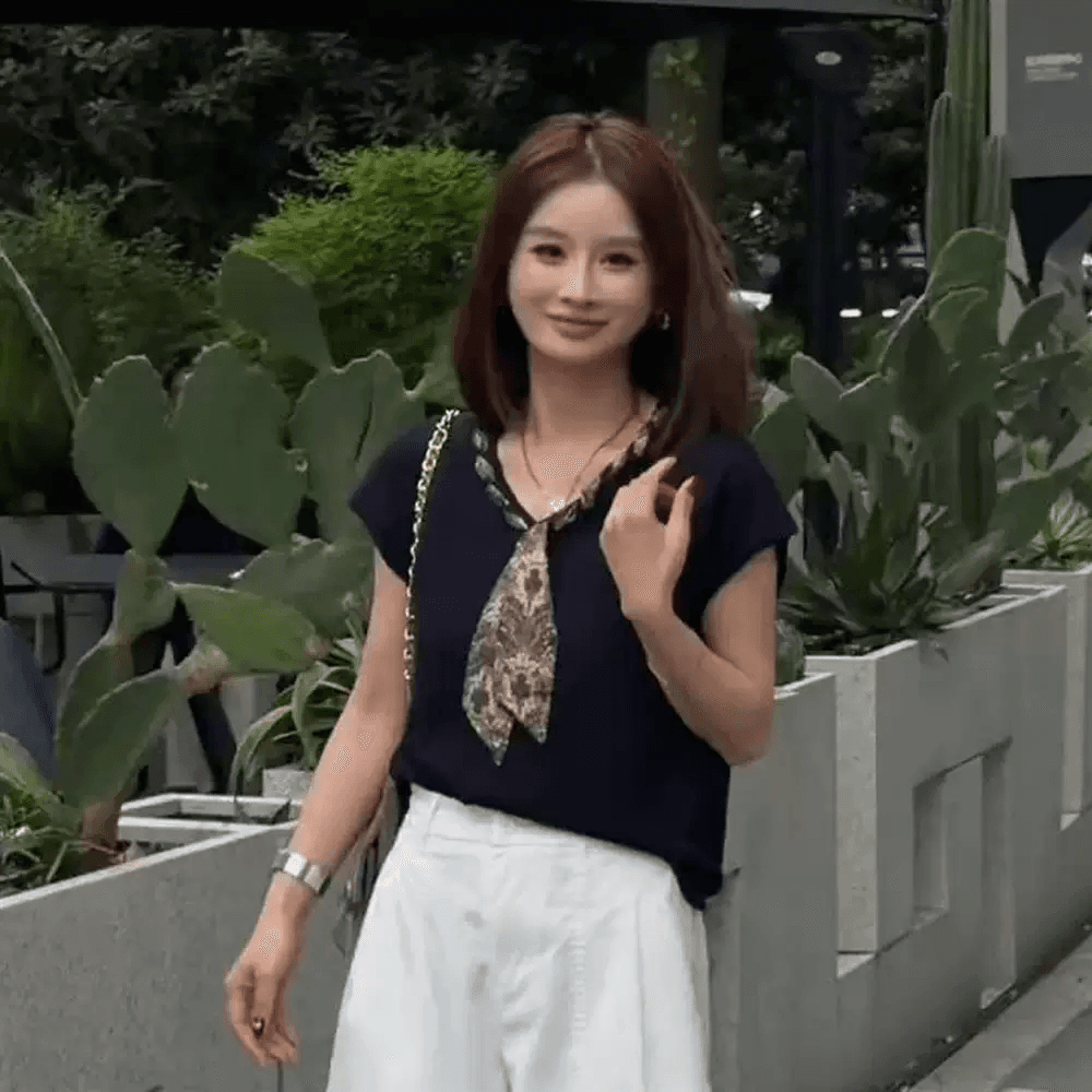 한 부서 착용 가져 가라. V넥 경기 스카프 니트 스웨터 여성 여름 루즈핏 슬림해 보이는 다용도 캐주얼 느긋한 바람 반팔 맨위 상세 이미지 4