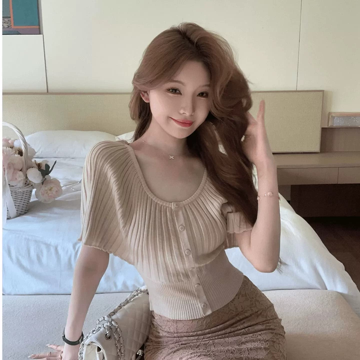프랑스식 부드러운 바람 파란색 망토 니트 스웨터 여성 여름 새로운 반팔 V넥 허리 수축 슬림해 보이는 다용도 맨위 얇은 상세 이미지 3