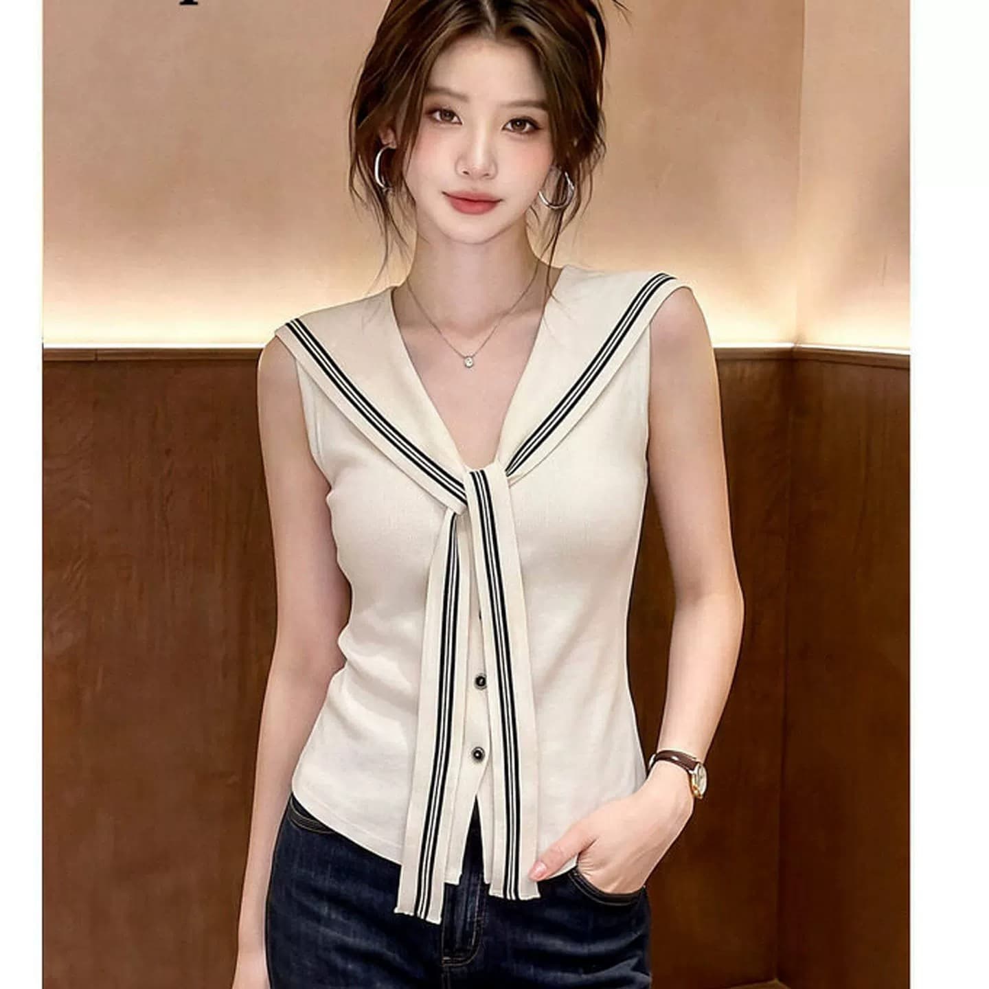 출퇴근 바람 해군 칼라 페이크 레이어드 니트 조끼 여자 여름 V넥 단추 슬림해 보이는 외출용 조끼 민소매 맨위 상세 이미지 5