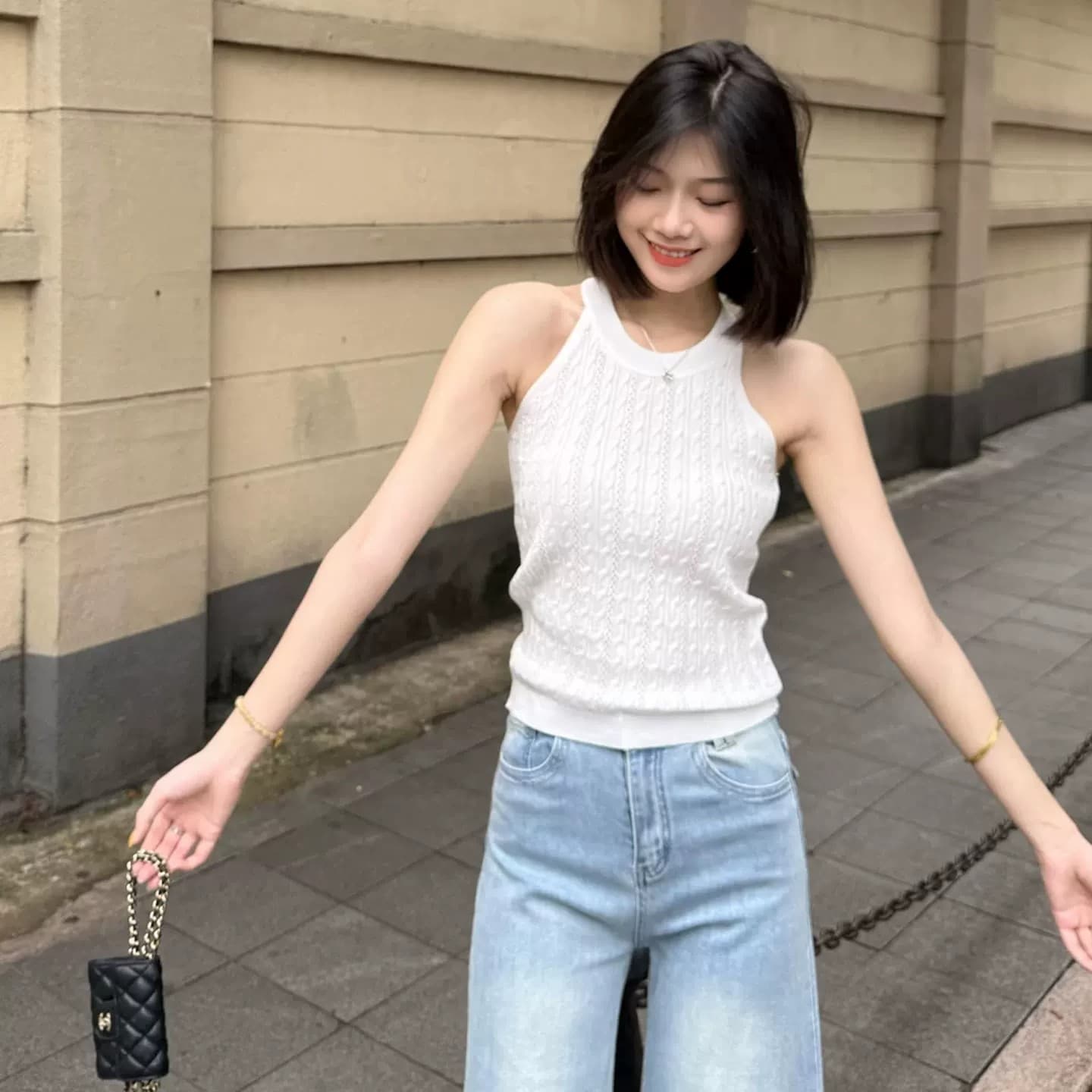 여름 도파민 황색 홀로우 아웃 니트 행침 목 캐미솔 외출용 몸매 가꾸기 슬림해 보이는 고유 한 핫걸 맨위 이미지 3
