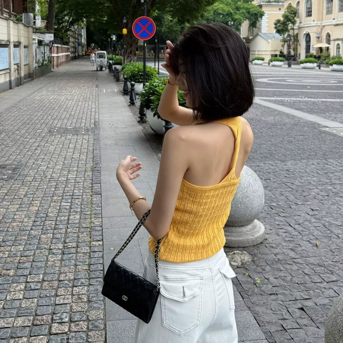 여름 도파민 황색 홀로우 아웃 니트 행침 목 캐미솔 외출용 몸매 가꾸기 슬림해 보이는 고유 한 핫걸 맨위 이미지 4