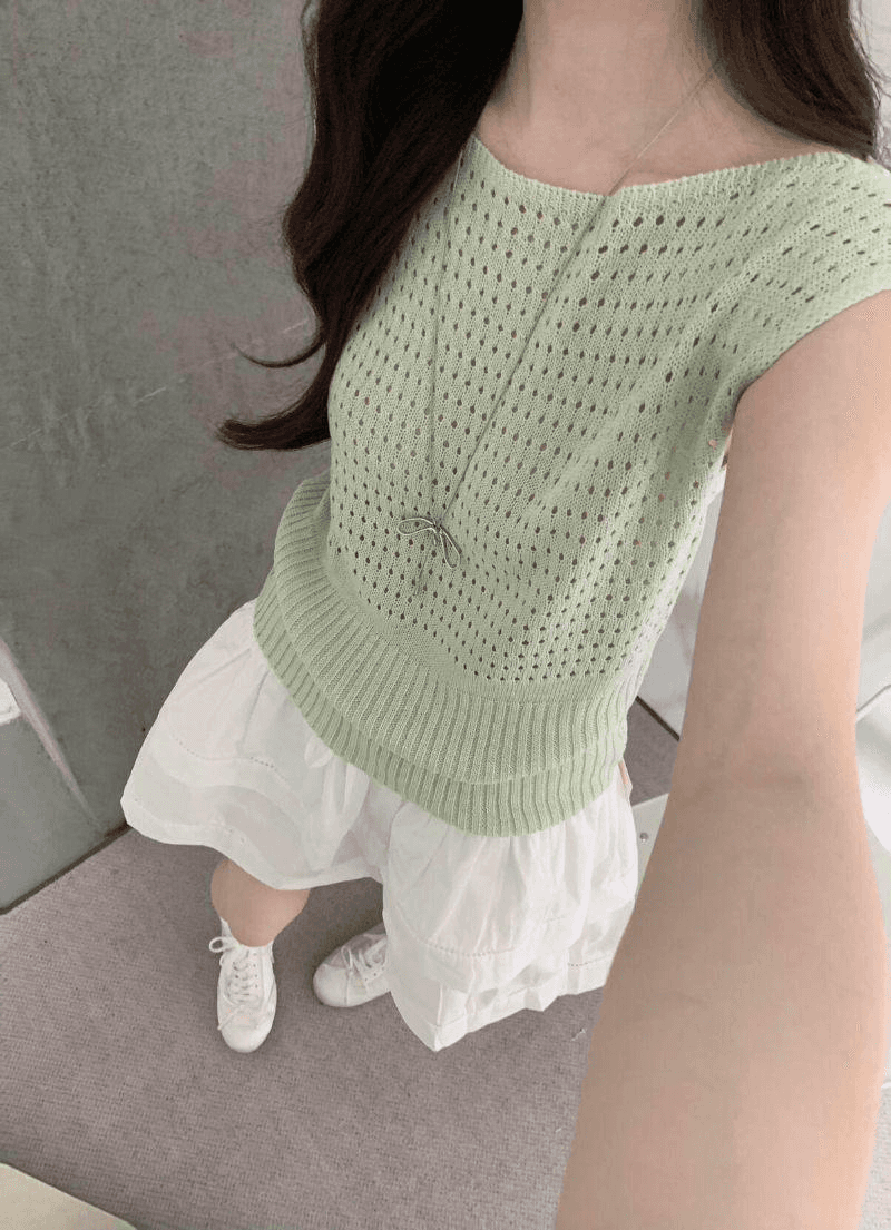 한 부서 느긋한 녹색 홀로우 아웃 니트 조끼 여성 여름 몸매 가꾸기 슬림해 보이는 다용도 통기성 디자인 센스 민소매 맨위 이미지 4