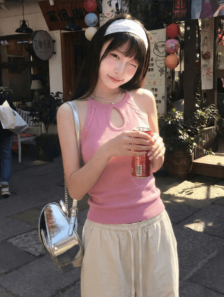 핑크색 홀로우 아웃 행침 목 니트 캐미솔 여름 새로운 몸매 가꾸기 슬림해 보이는 달콤한 매운맛 착용 가져 가라. 인사이드 가져 가라. 외출용 맨위 이미지 4