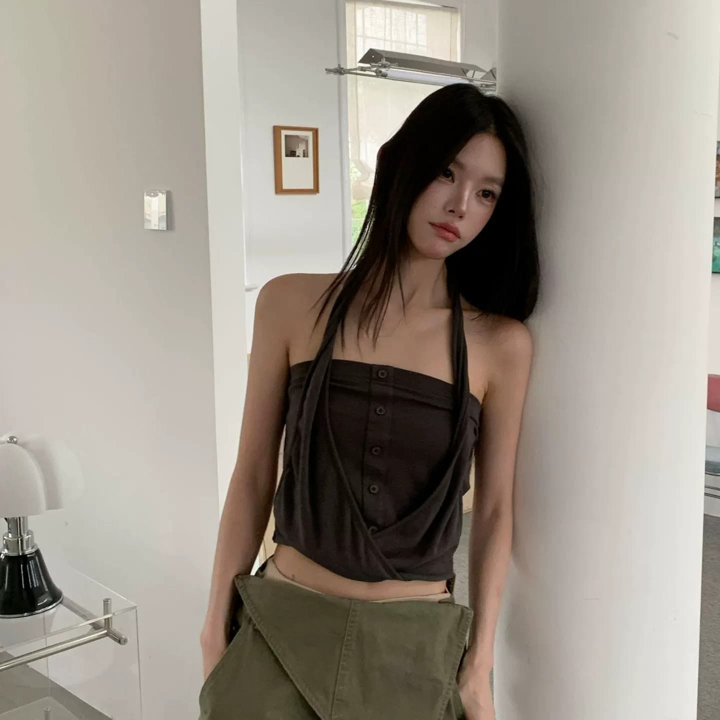 순수한 욕망 바람 커피 색상 행침 목 백리스 튜브탑 캐미솔 여름 외출용 몸매 가꾸기 슬림해 보이는 핫걸 착용 가져 가라. 작은 맨위 이미지 2