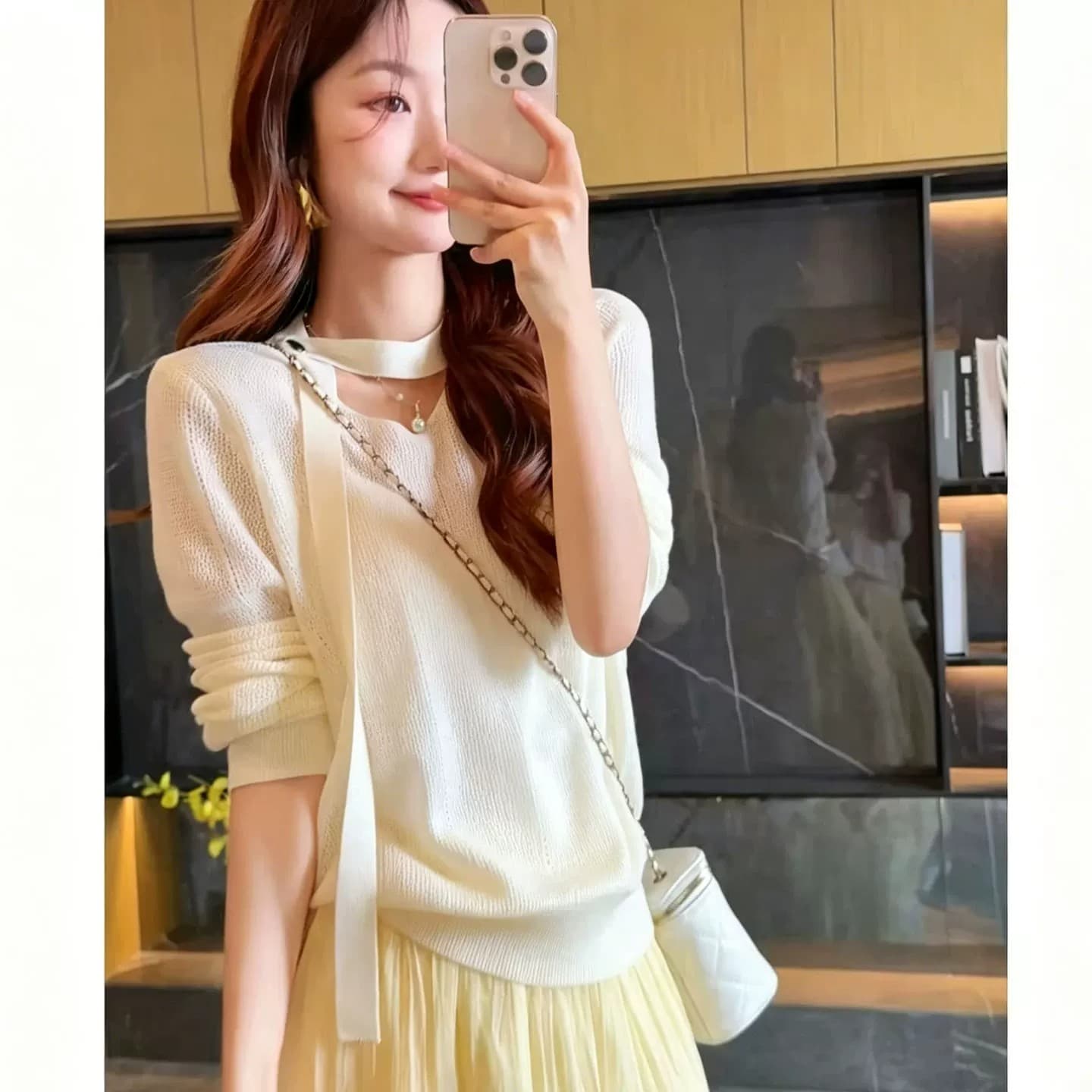 느긋한 바람 V넥 행침 목 리본 니트 스웨터 여성 이른 가을 얇고 가벼운 통기성 자외선 차단 에어컨 블라우스 긴팔 맨위 상세 이미지 1