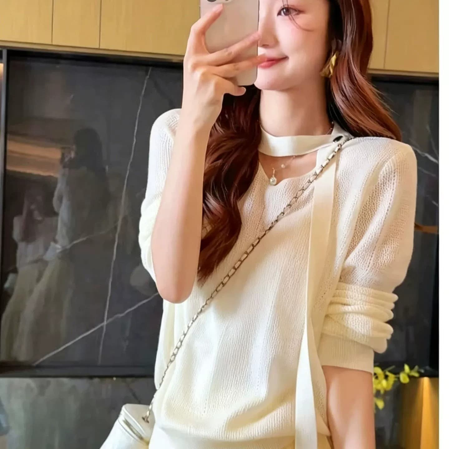 느긋한 바람 V넥 행침 목 리본 니트 스웨터 여성 이른 가을 얇고 가벼운 통기성 자외선 차단 에어컨 블라우스 긴팔 맨위 상세 이미지 5