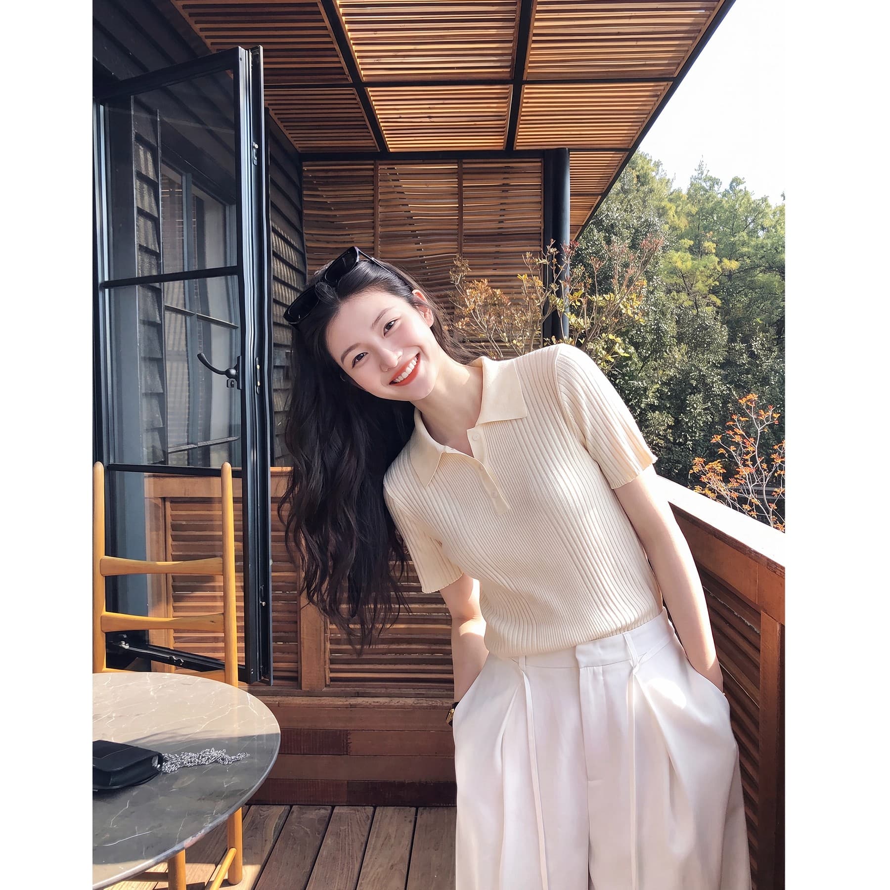 한 부서 품격 polo 폴로 칼라 세로 줄무늬 니트 스웨터 여성 여름 출퇴근 다용도 얇고 가벼운 통기성 반팔 맨위
