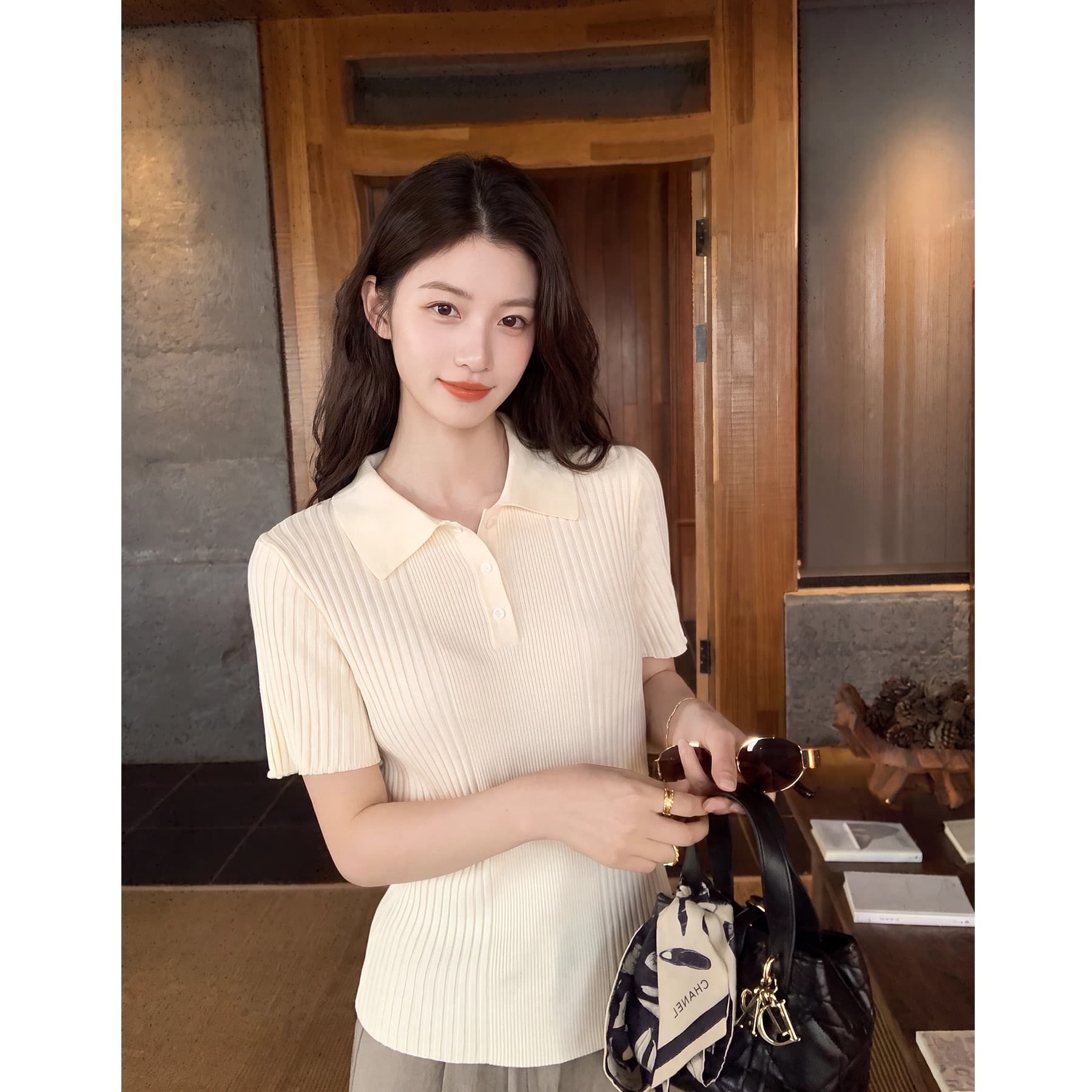 한 부서 품격 polo 폴로 칼라 세로 줄무늬 니트 스웨터 여성 여름 출퇴근 다용도 얇고 가벼운 통기성 반팔 맨위 이미지 2