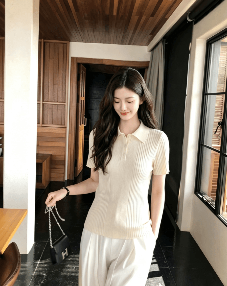 한 부서 품격 polo 폴로 칼라 세로 줄무늬 니트 스웨터 여성 여름 출퇴근 다용도 얇고 가벼운 통기성 반팔 맨위 상세 이미지 2