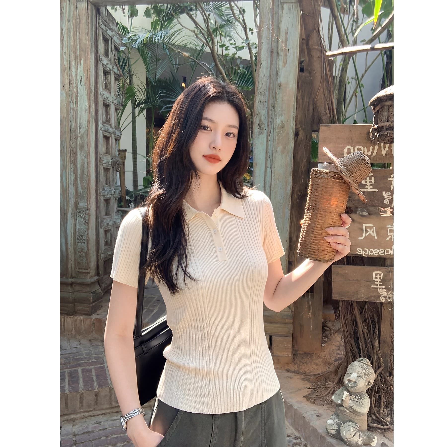 한 부서 품격 polo 폴로 칼라 세로 줄무늬 니트 스웨터 여성 여름 출퇴근 다용도 얇고 가벼운 통기성 반팔 맨위 상세 이미지 5