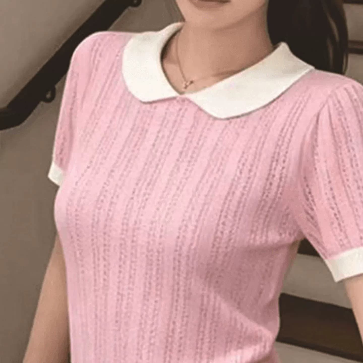 학원 스타일 베이비 칼라 배색 반팔 니트 스웨터 여성 여름 얇은 스타일 연령 감소 고유 한 아름다운 고급 센스 맨위 상세 이미지 4