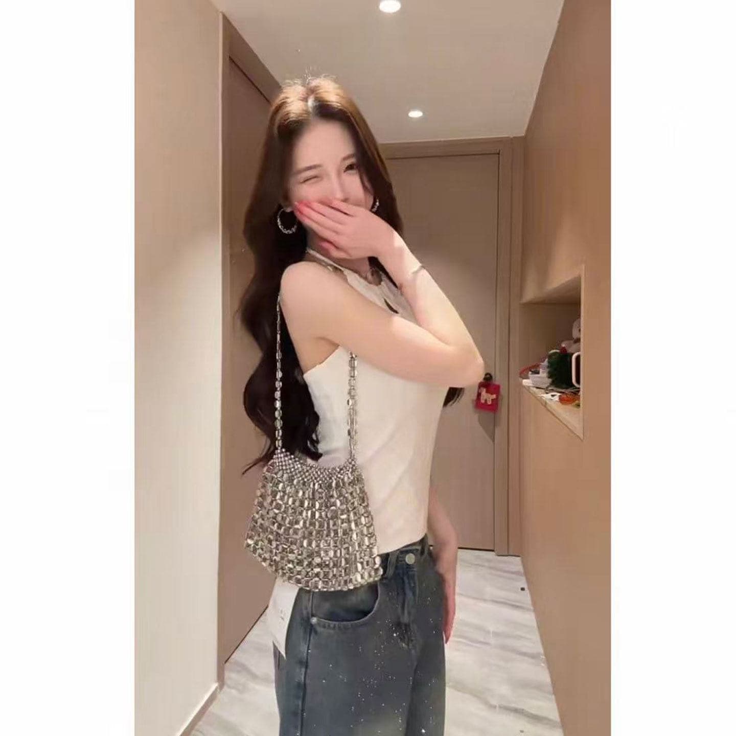 녹색 홀로우 아웃 행침 목 니트 조끼 여성 여름 몸매 가꾸기 슬림해 보이는 다용도 고급 센스 품격 쇼트 스타일 민소매 맨위 상세 이미지 6
