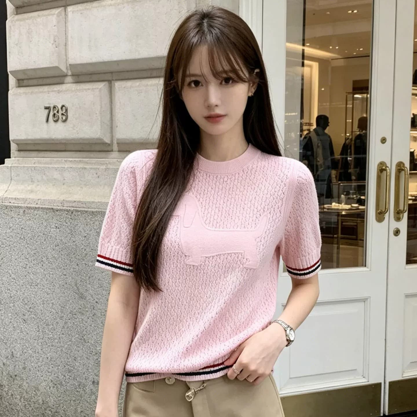 한 부서 학원 스타일 배색 측면 자수 라운드 넥 반팔 니트 스웨터 여성 여름 얇고 가벼운 다용도 슬림해 보이는 연령 감소 맨위 상세 이미지 3