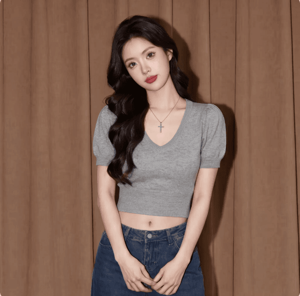 프랑스식 녹색 V넥 반팔 니트 스웨터 여성 여름 몸매 가꾸기 슬림해 보이는 작은 키 착용 가져 가라. 연령 감소 쇼트 스타일 맨위 얇은 상세 이미지 1
