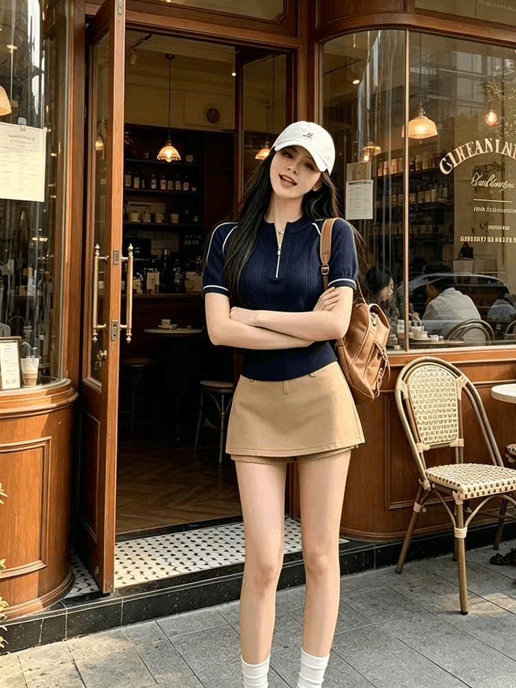 학원 스타일 배색 스트라이프 POLO 칼라 니트 반팔 여성 여름 다용도 슬림해 보이는 패션 연령 감소 슈퍼 잘 생긴 맨위 이미지 3
