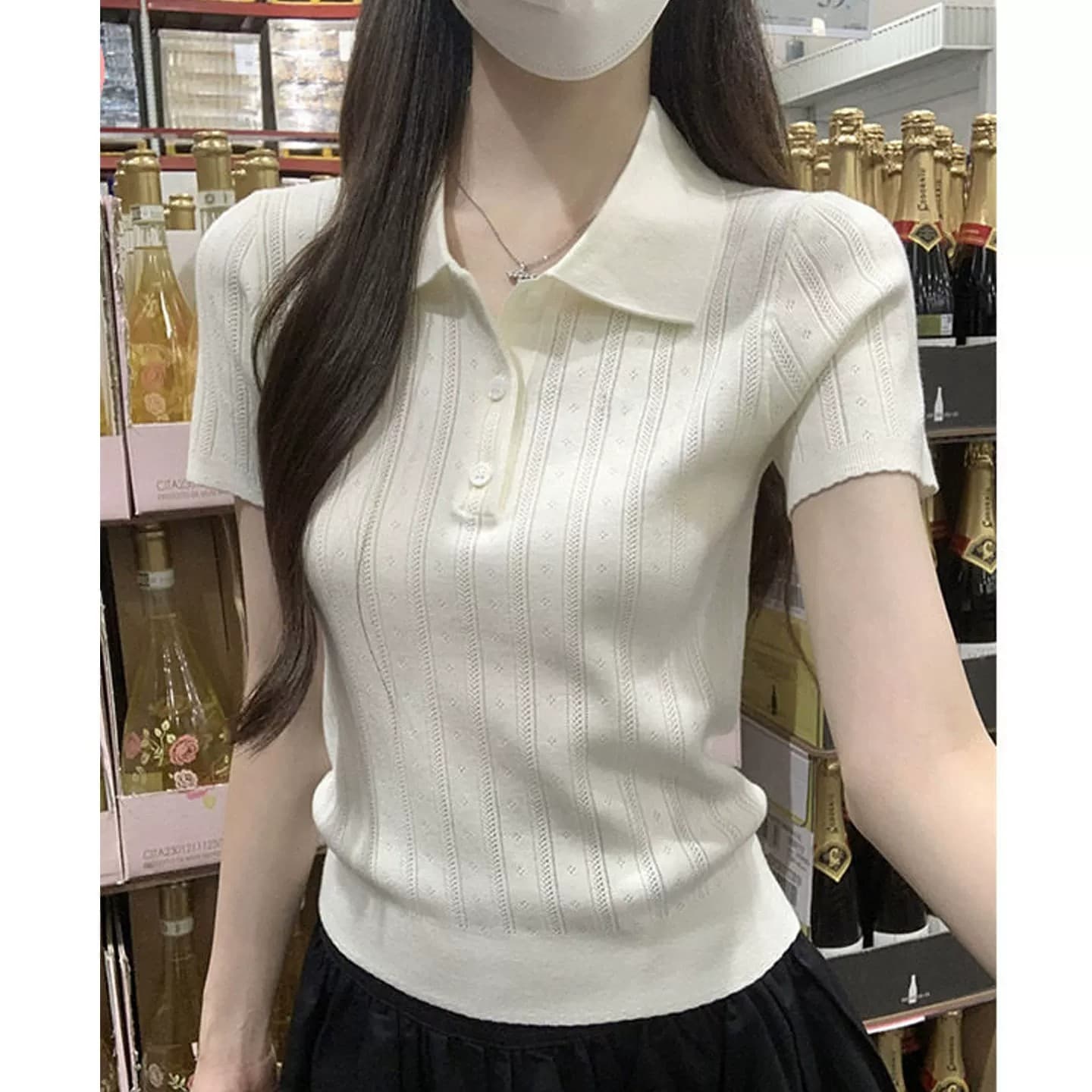 한 부서 POLO 칼라 얼음 실크 니트 반팔 여성 여름 몸매 가꾸기 슬림해 보이는 차가운 센스 Chic 작은 셔츠 맨위 니트 스웨터 얇은 상세 이미지 1