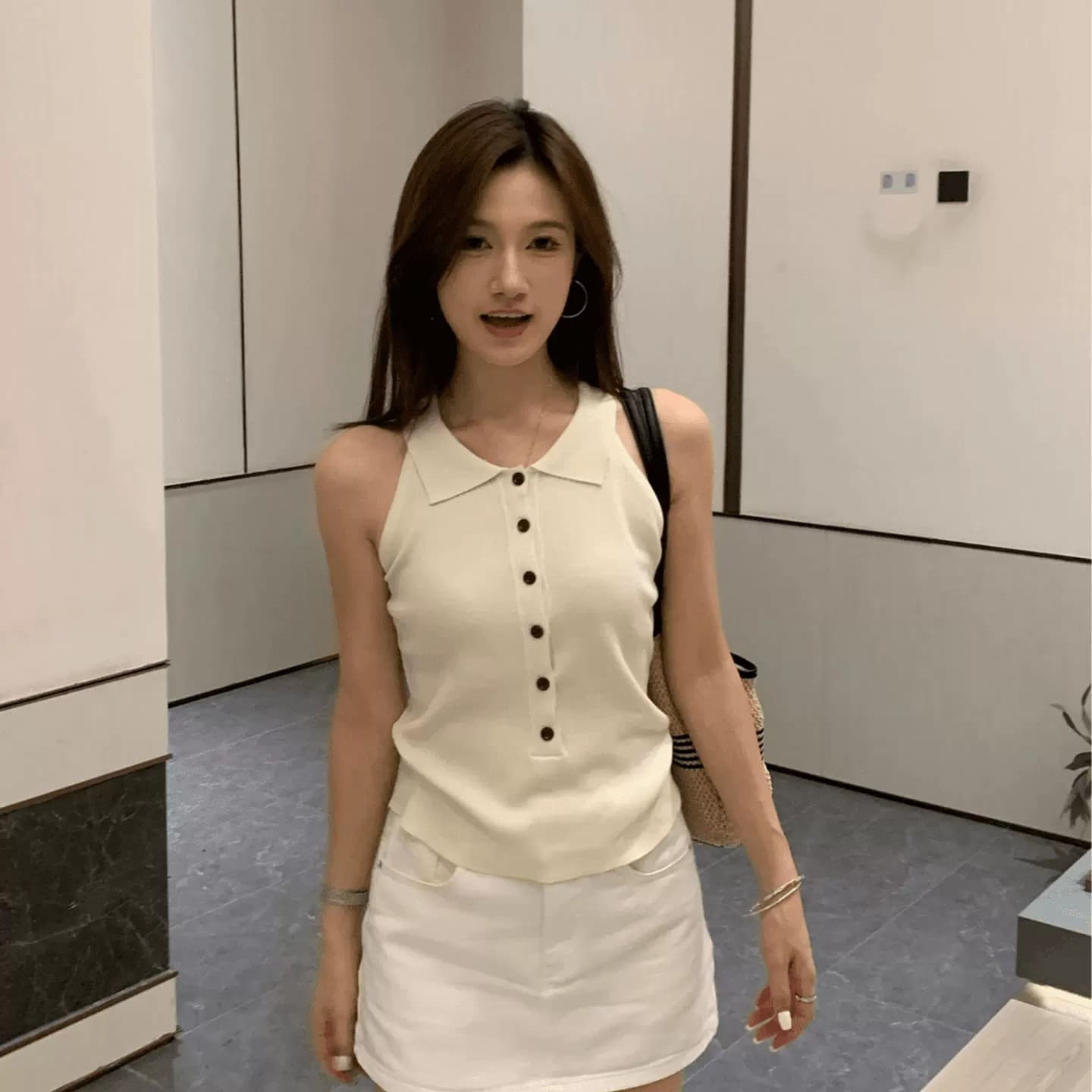 한 부서 녹색 민소매 조끼 여성 폴로 칼라 단추 니트 스웨터 캐주얼 맨위 여성 여름 얇은 몸매 가꾸기 슬림해 보이는 맨위
