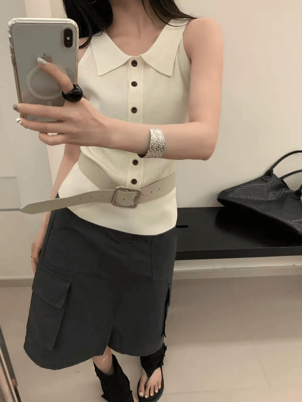 한 부서 POLO 칼라 니트 조끼 여성 여름 몸매 가꾸기 슬림해 보이는 다용도 민소매 맨위 작은 폴로 칼라 단추 오픈 가디건 얇은 상세 이미지 3