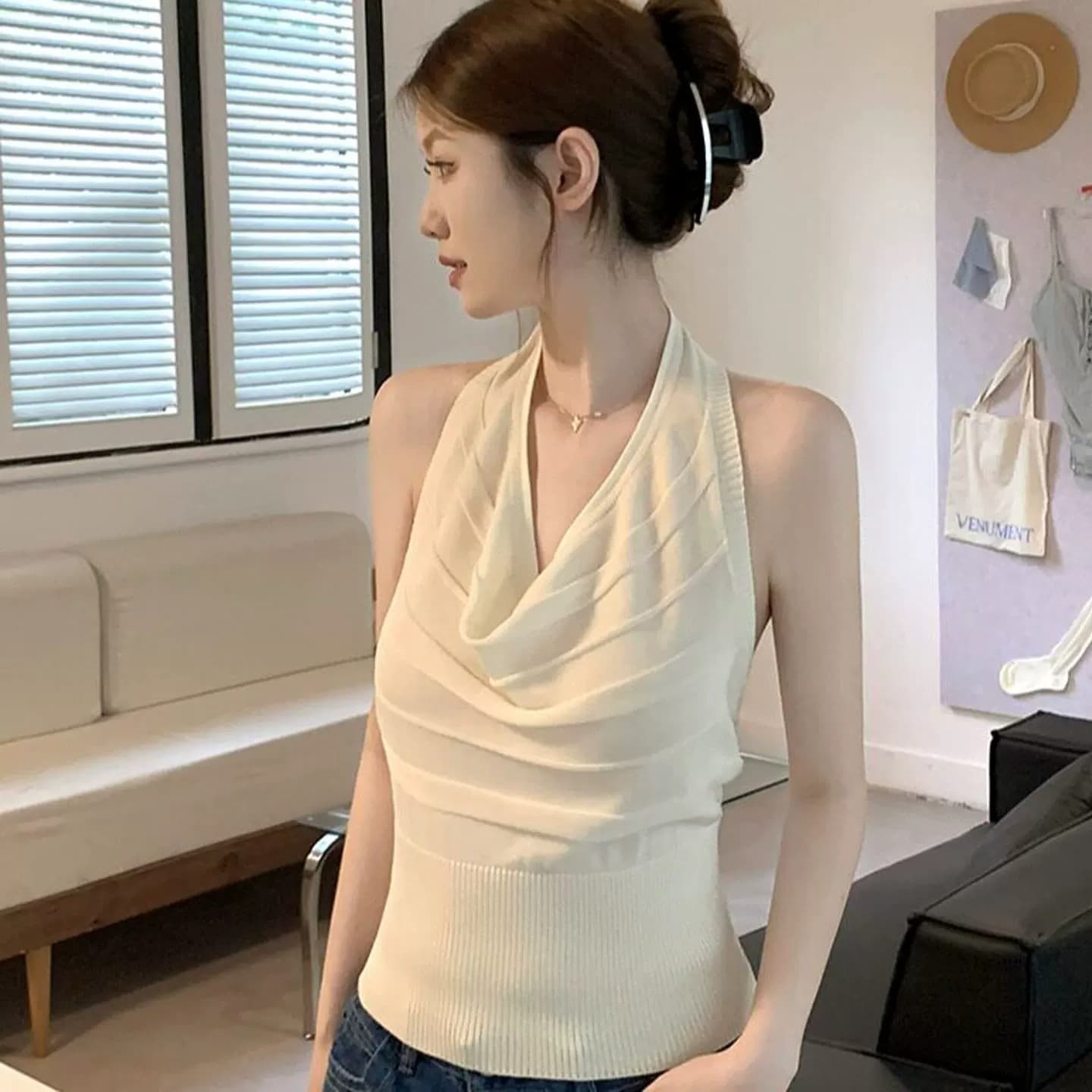 한 부서 미니멀리즘 바람 V넥 행침 목 니트 조끼 여성 여름 외출용 몸매 가꾸기 슬림해 보이는 디자인 센스 고유 한 민소매 맨위 상세 이미지 3