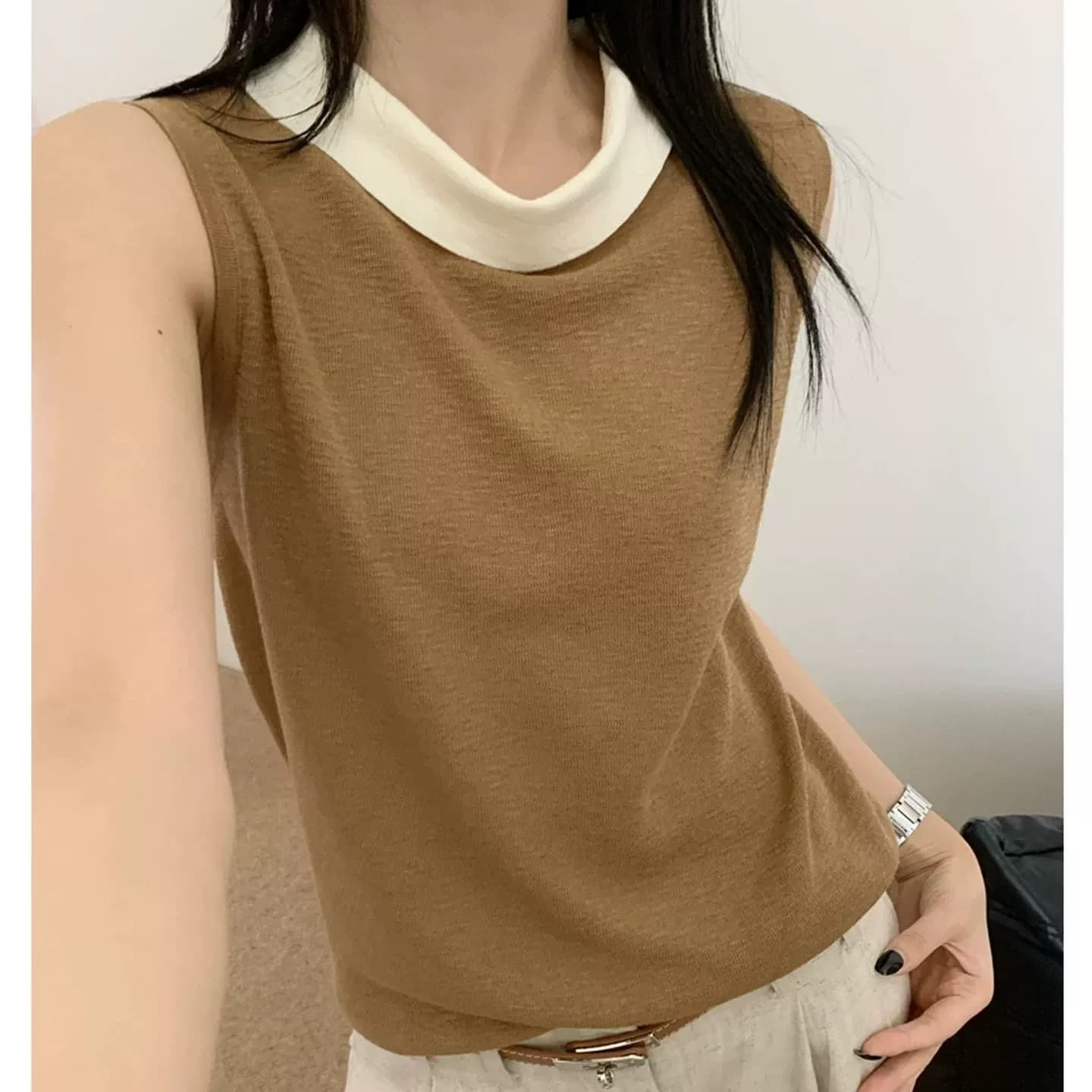 오래된 돈 바람 착용 가져 가라. 배색 니트 조끼 여성 여름 새로운 몸매 가꾸기 슬림해 보이는 다용도 품격 어깨 민소매 맨위