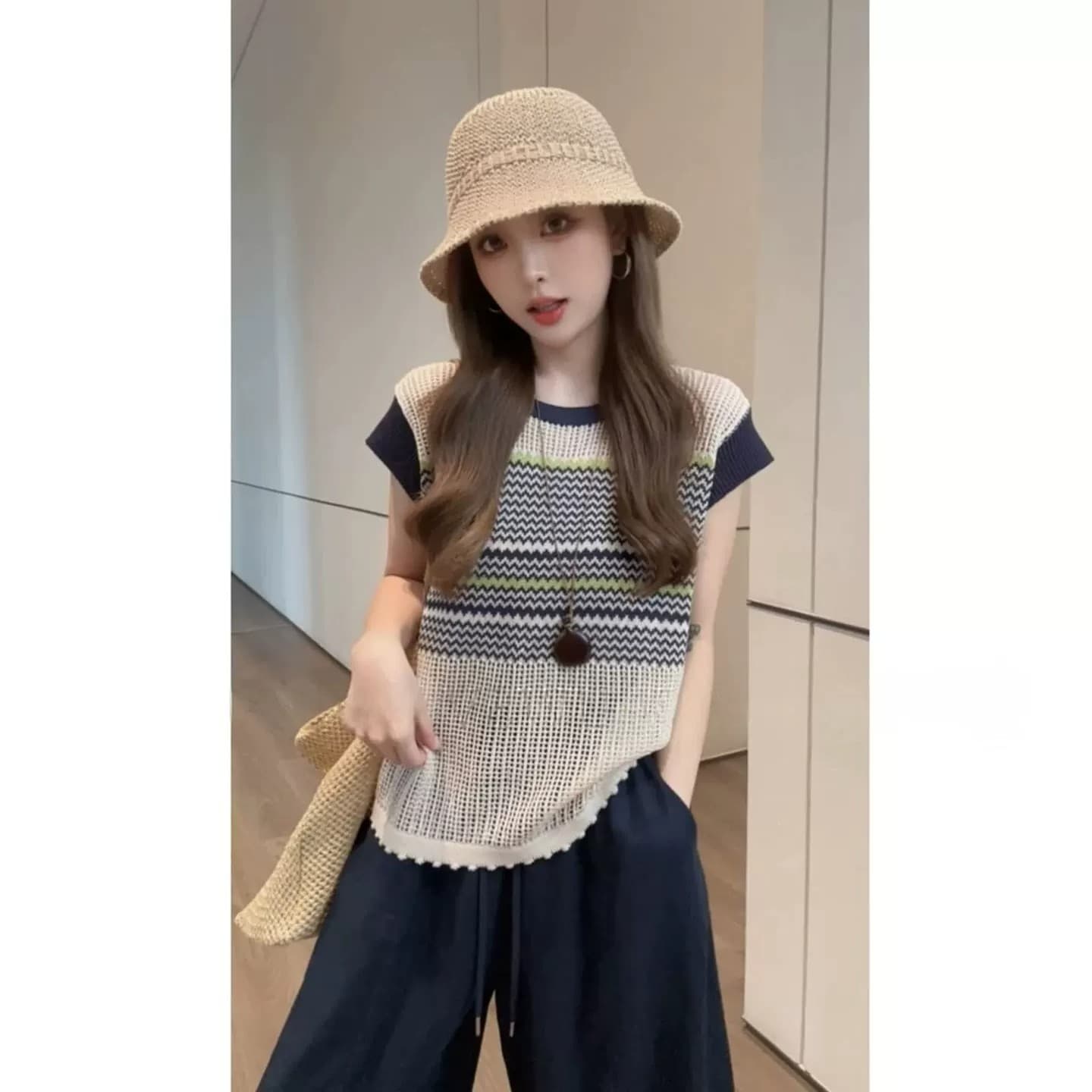 한 부서 착용 가져 가라. 배색 라운드 넥 스트라이프 작은 날다 소매 짠 셔츠 여성 여름 디자인 센스 고유 한 작은 대중 얇은 스타일 맨위 상세 이미지 4