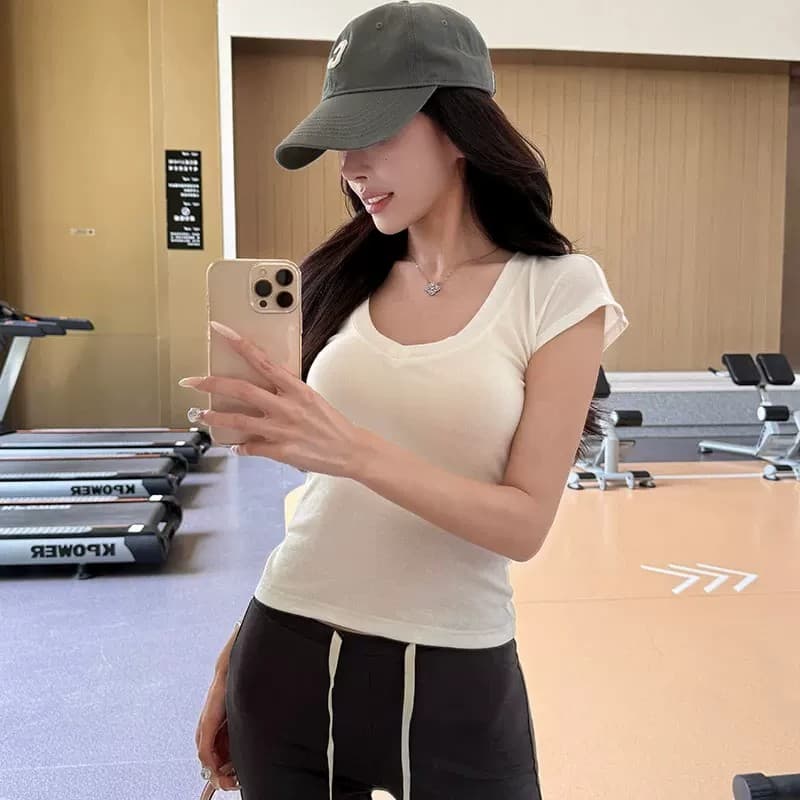 익스트림 제인 바람 V넥 반팔 티셔츠 여성 여름 몸매 가꾸기 슬림해 보이는 다용도 미니멀리즘 단색 고유 한 아름다운 핫걸 짧은 맨위 상세 이미지 2