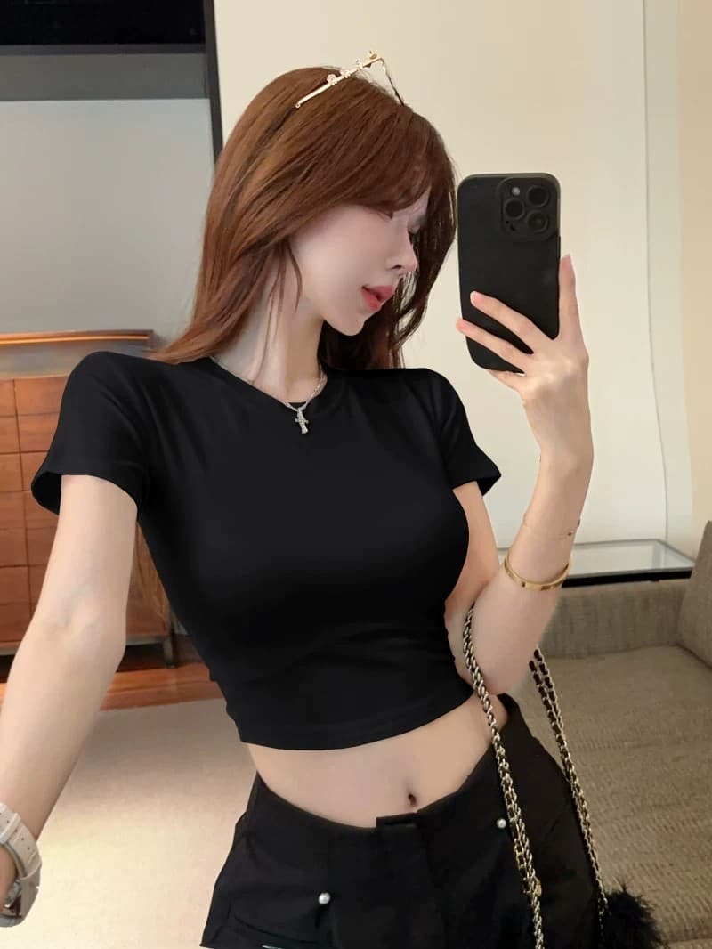 검정색 반팔 티셔츠 여성 여름 몸매 가꾸기 슬림해 보이는 이슬 뼈의 뒤로 펌프 로프 디자인 센스 맨위 미니멀리즘 다용도 얇은 스타일