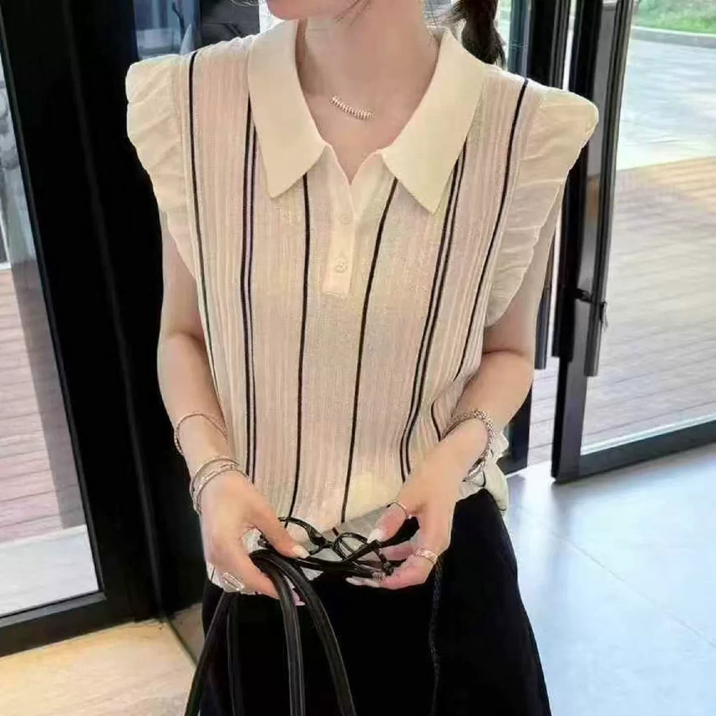 프랑스식 폴로 칼라 스트라이프 작은 날다 소매 짠 셔츠 여성 여름 얇은 스타일 POLO 칼라 몸매 가꾸기 디스플레이 디자인 센스 얇은 맨위 이미지 2