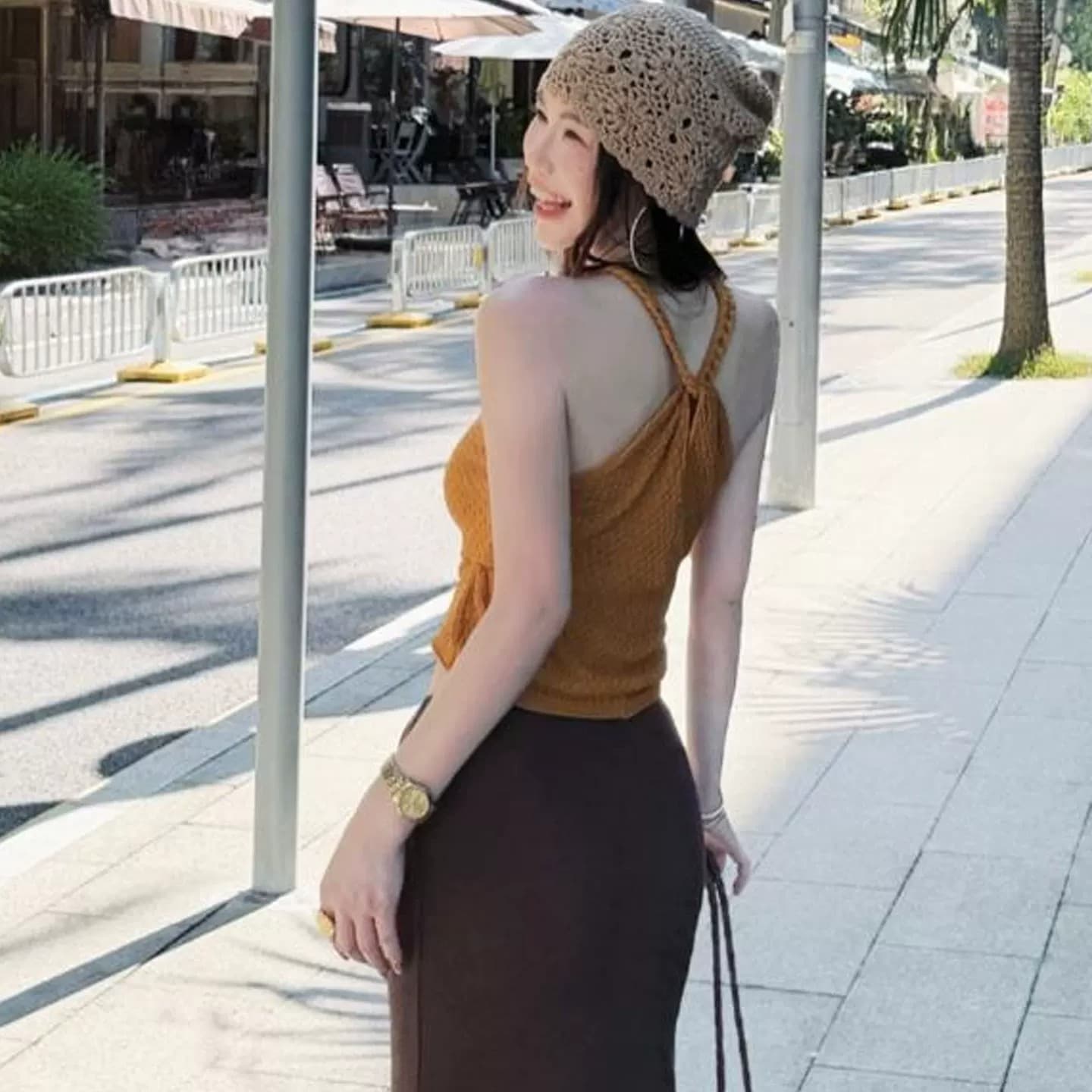 아메리칸 핫걸 바람 주황색 행침 목 니트 조끼 여성 여름 몸매 가꾸기 슬림해 보이는 외출용 쇼트 스타일 민소매 맨위 얇은 이미지 2