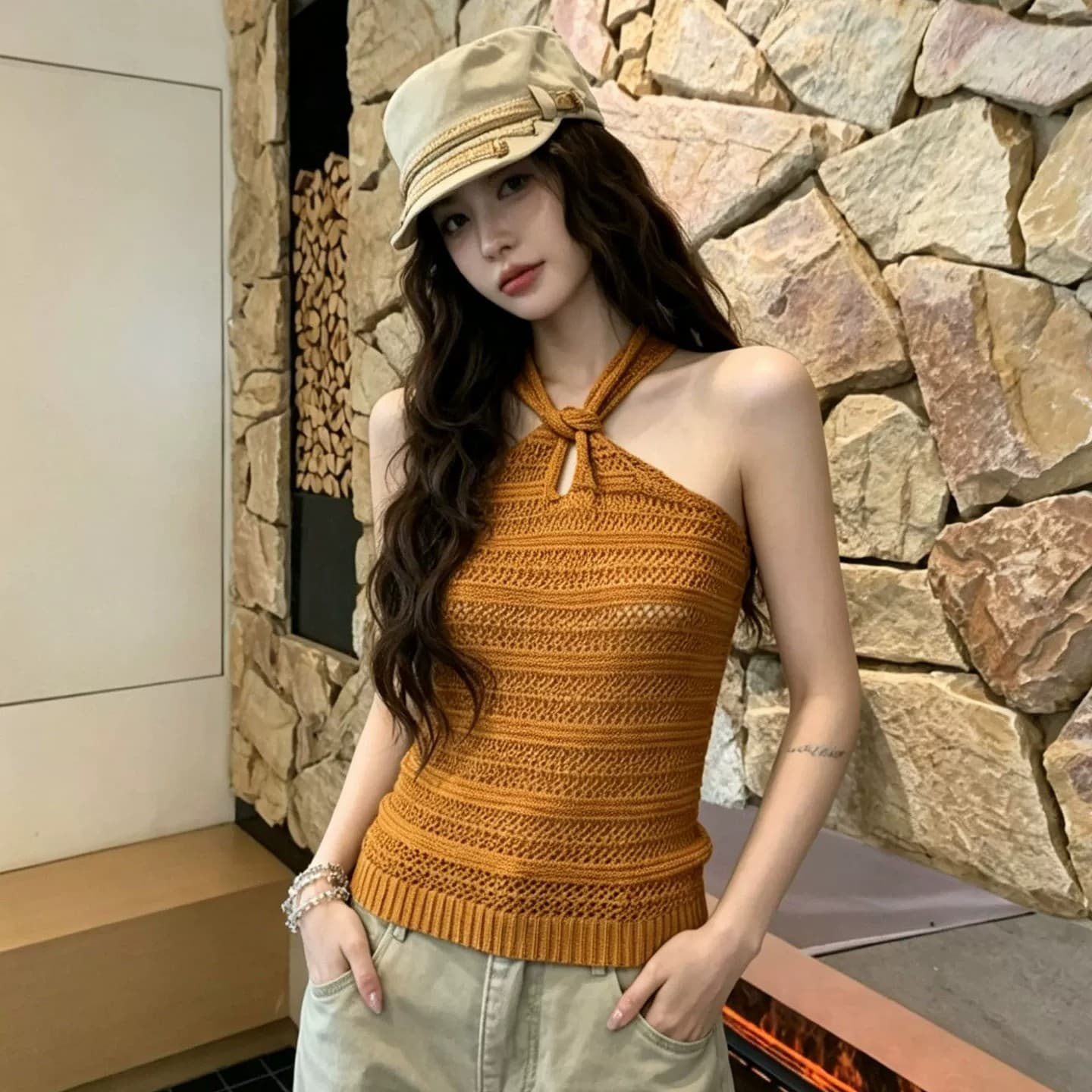 프랑스식 레트로 주황색 홀로우 아웃 행침 목 니트 조끼 여성 여름 몸매 가꾸기 슬림해 보이는 고급 센스 핫걸 맨위 얇은 상세 이미지 1