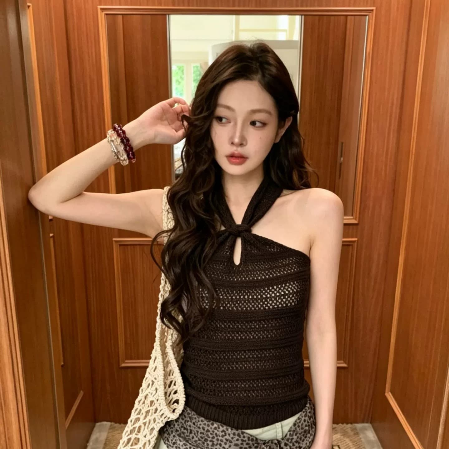 프랑스식 레트로 주황색 홀로우 아웃 행침 목 니트 조끼 여성 여름 몸매 가꾸기 슬림해 보이는 고급 센스 핫걸 맨위 얇은 상세 이미지 2