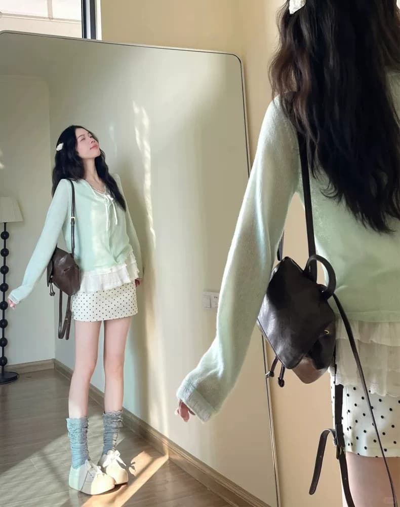 박하 녹색 작은 청신 프릴 V넥 니트 오픈 가디건 여성 연령 감소 부드러운 찹쌀 부드러운 바람 디자인 센스 고유 한 맨위 상세 이미지 4