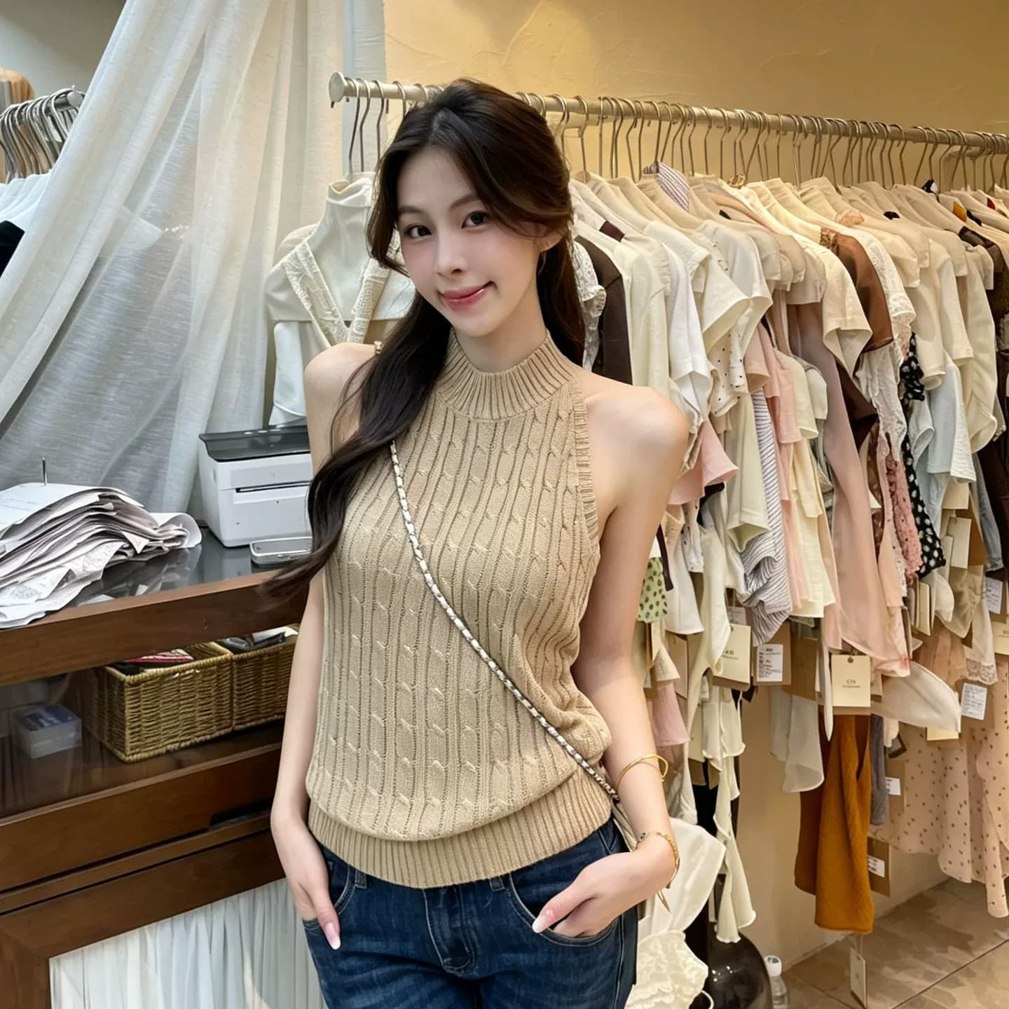 커피 색상 마 무늬 행침 목 니트 조끼 여성 여름 허리 수축 슬림해 보이는 다용도 핫걸 품격 민소매 맨위 얇은 상세 이미지 2