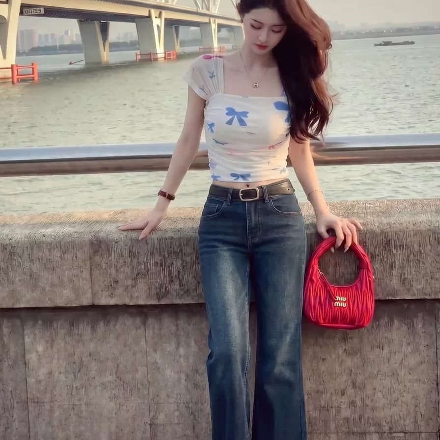 나비 매듭 프린트 반팔 티셔츠 여성 여름 얇은 스타일 디자인 센스 슬림해 보이는 몸매 가꾸기 섹시함 고유 한 작은 대중 짧은 맨위