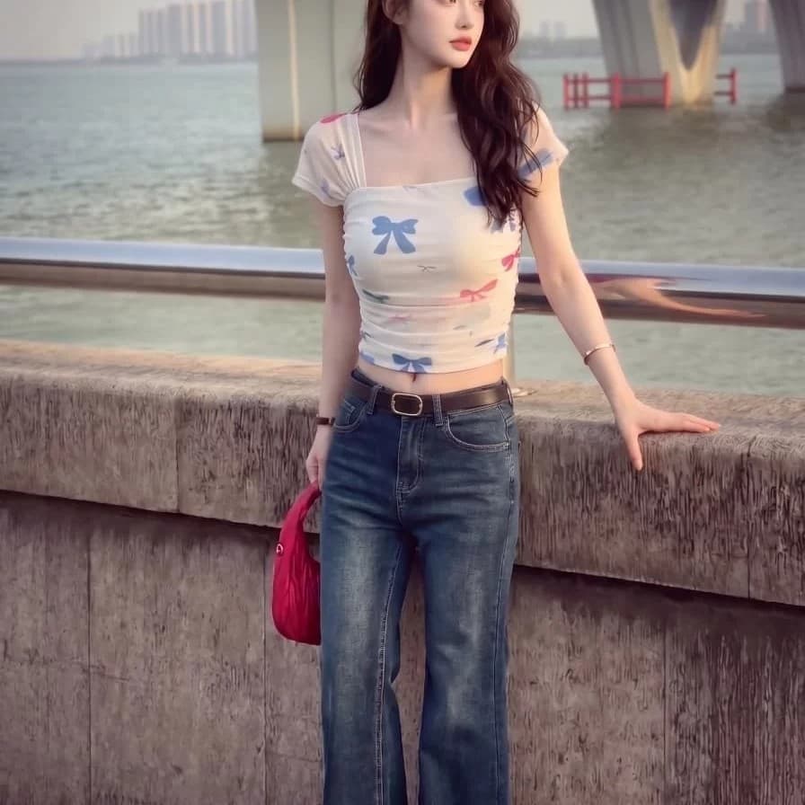 나비 매듭 프린트 반팔 티셔츠 여성 여름 얇은 스타일 디자인 센스 슬림해 보이는 몸매 가꾸기 섹시함 고유 한 작은 대중 짧은 맨위 상세 이미지 1