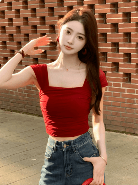 핫걸 순수한 욕망 불규칙 빨간색 쇼트 스타일 맨위 여성 2025 년 여름 새로운 작은 셔츠 고유 한 디자인 센스 작은 대중