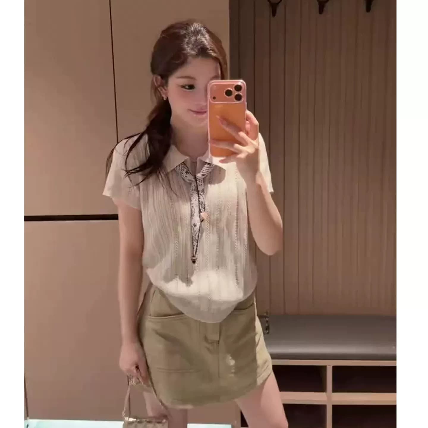 한 부서 레트로 비즈 스카프 POLO 칼라 홀로우 아웃 니트 스웨터 여성 루즈핏 여름 슬림해 보이는 다용도 폴로 칼라 맨위 얇은 이미지 2