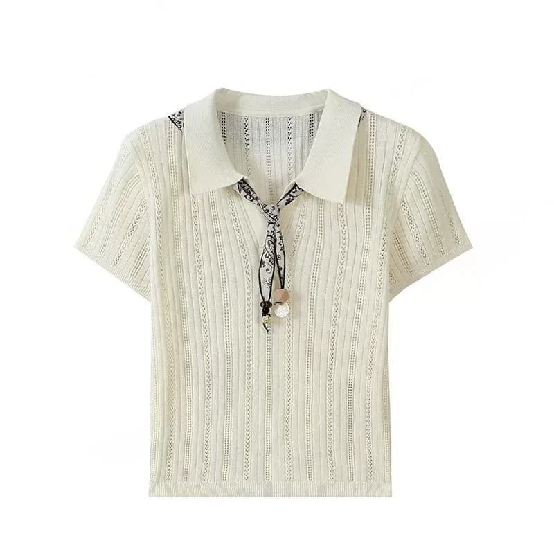 한 부서 레트로 비즈 스카프 POLO 칼라 홀로우 아웃 니트 스웨터 여성 루즈핏 여름 슬림해 보이는 다용도 폴로 칼라 맨위 얇은 이미지 5