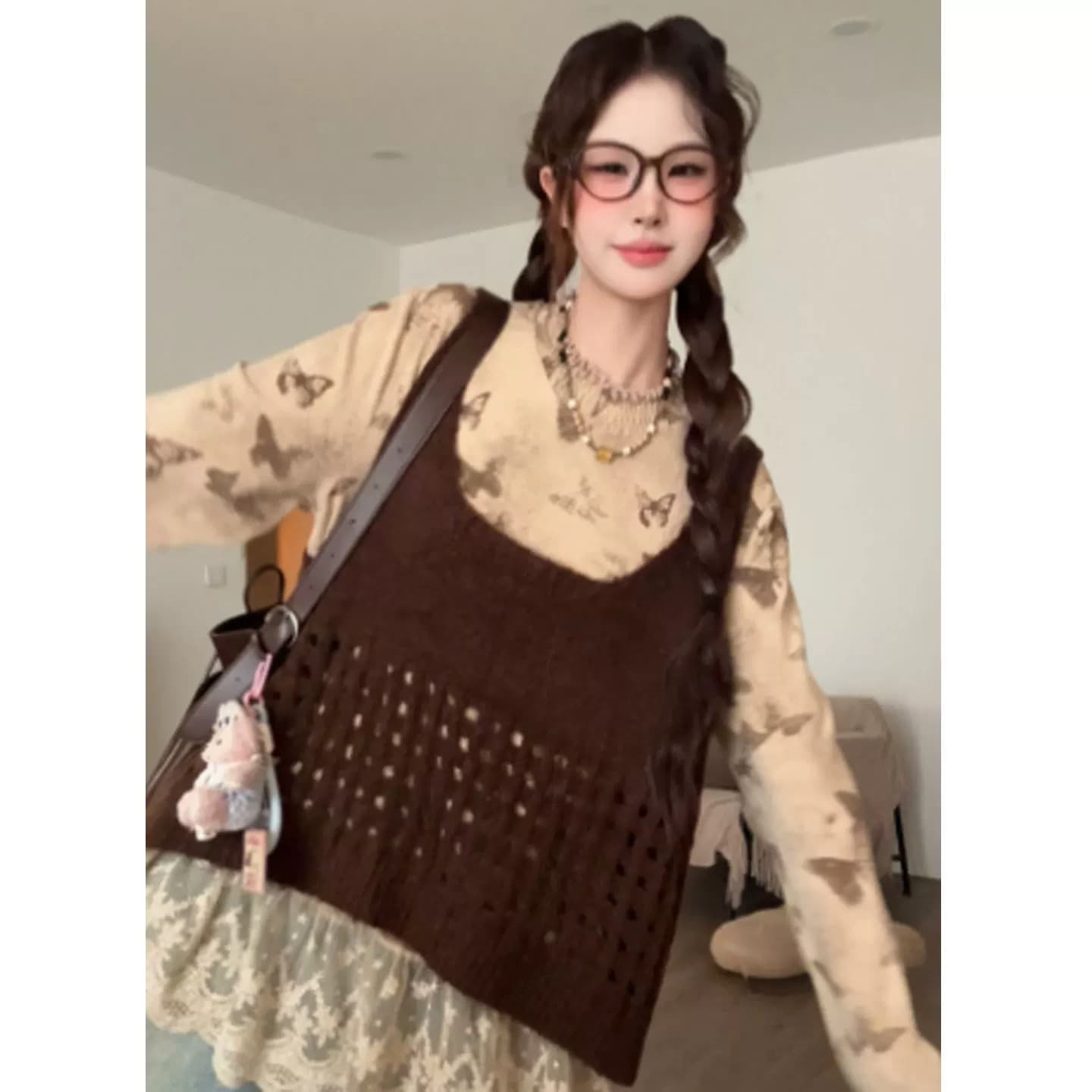 한 부서 분위기 센스 착용 가져 가라. 홀로우 아웃 캐미솔 니트 스웨터 여성 조기 가을 루즈핏 스택 착용 느긋한 스웨터 맨위