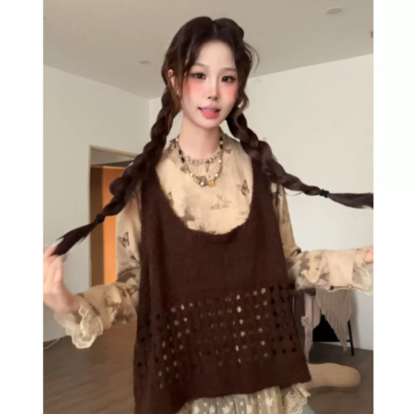 한 부서 분위기 센스 착용 가져 가라. 홀로우 아웃 캐미솔 니트 스웨터 여성 조기 가을 루즈핏 스택 착용 느긋한 스웨터 맨위 이미지 2