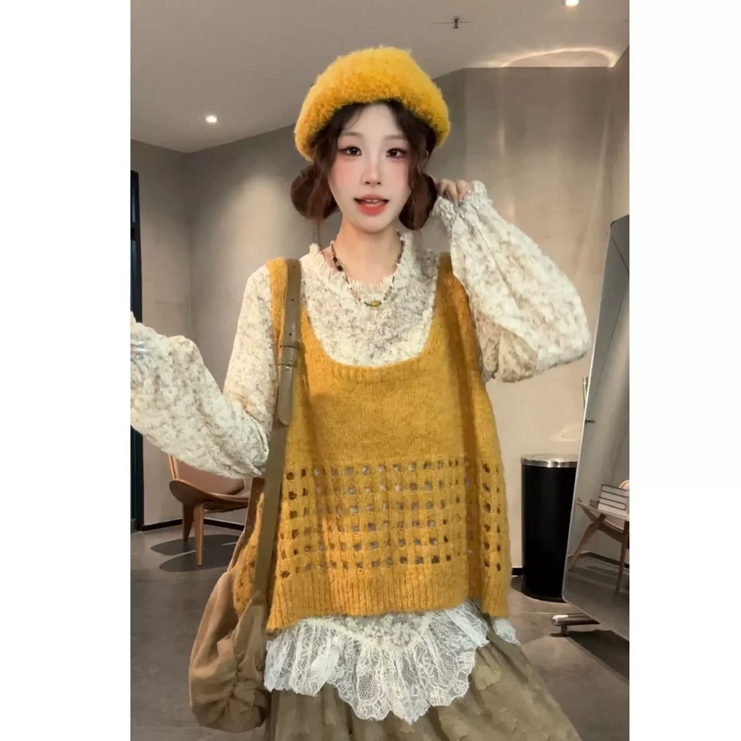 한 부서 분위기 센스 착용 가져 가라. 홀로우 아웃 캐미솔 니트 스웨터 여성 조기 가을 루즈핏 스택 착용 느긋한 스웨터 맨위 이미지 4