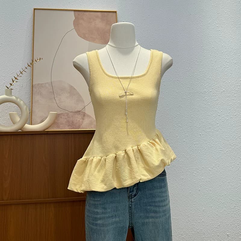 프랑스식 품격 광장 칼라 민소매 I자형 조끼 여성 여름 새로운 몸매 가꾸기 슬림해 보이는 불규칙 밑단 작은 맨위 상세 이미지 3