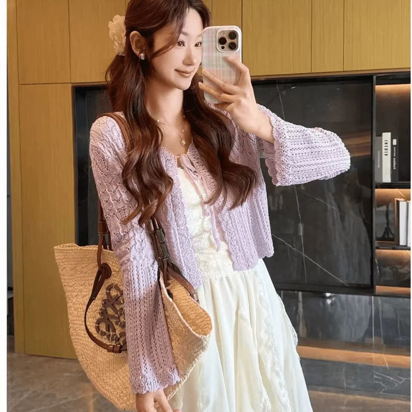 부드러운 바람 녹색 홀로우 아웃 니트 오픈 가디건 여성 봄 여름 자외선 차단 블라우스 슬림해 보이는 디자인 센스 고유 한 작은 대중 맨위 얇은 상세 이미지 3