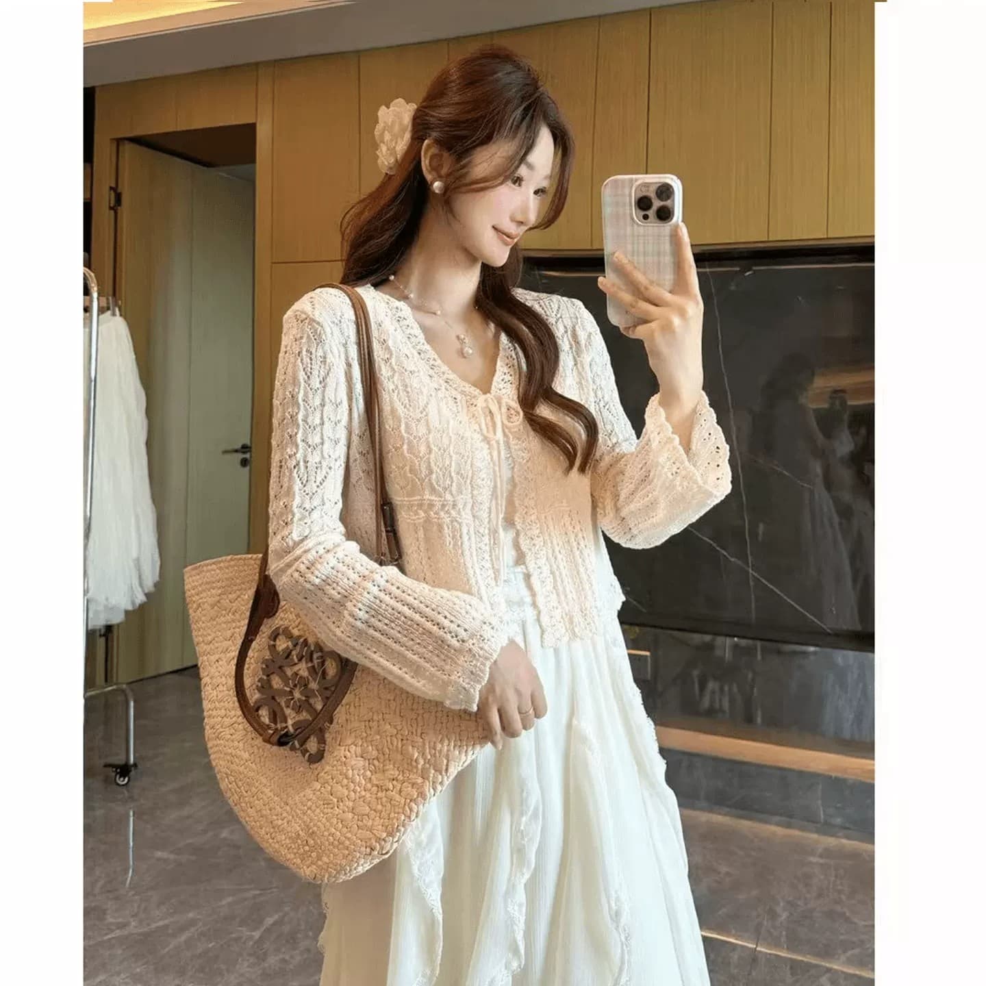 부드러운 바람 녹색 홀로우 아웃 니트 오픈 가디건 여성 봄 여름 자외선 차단 블라우스 슬림해 보이는 디자인 센스 고유 한 작은 대중 맨위 얇은 상세 이미지 5