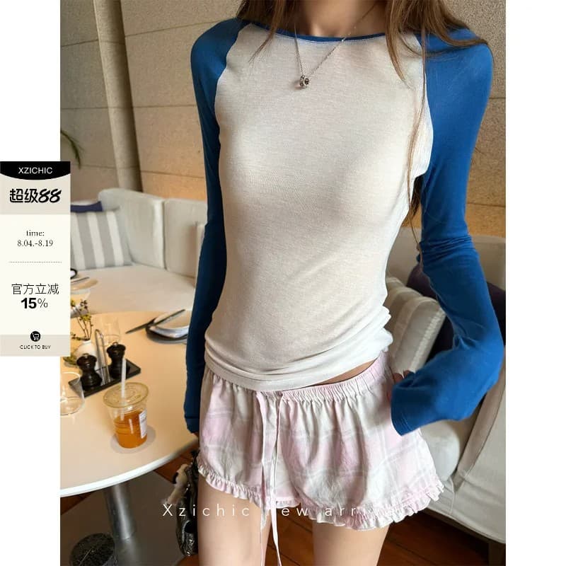 한 부서 디자인 센스 라운드 넥 배색 삽입 어깨 소매 길이 소매 티셔츠 여성 가을 다용도 몸매 가꾸기 슬림해 보이는 작은 대중 고유 한 맨위