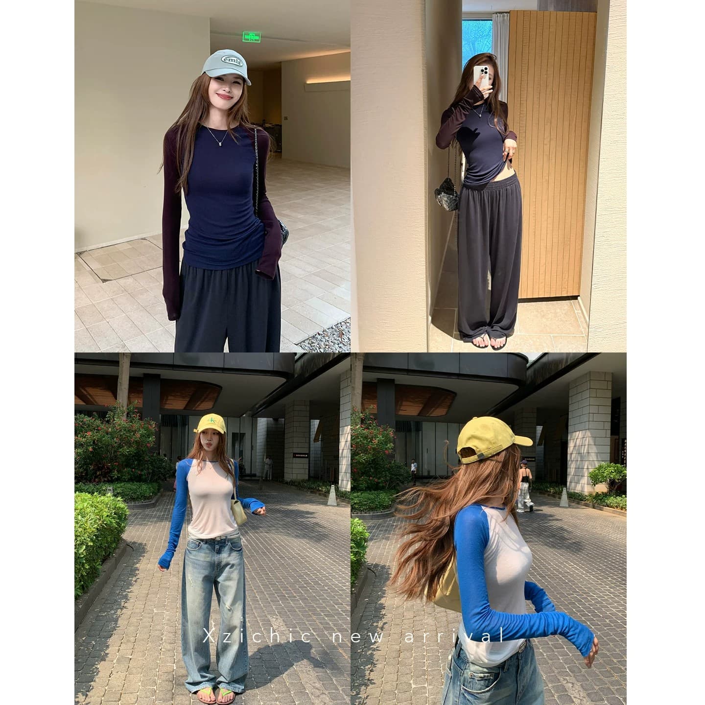 한 부서 디자인 센스 라운드 넥 배색 삽입 어깨 소매 길이 소매 티셔츠 여성 가을 다용도 몸매 가꾸기 슬림해 보이는 작은 대중 고유 한 맨위 이미지 4